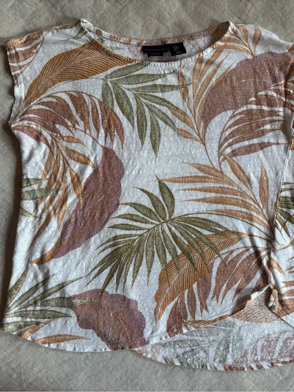 Tahari 100% Linen Tropical Leaf Print Sleeveless Top M